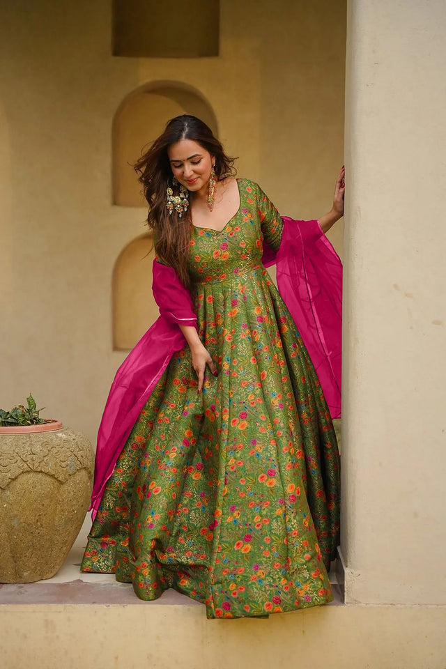 Mehendi Floral Printed Silk Gown (ACA9338)