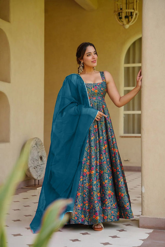 Blue Floral Printed Silk Gown (ACA9339)