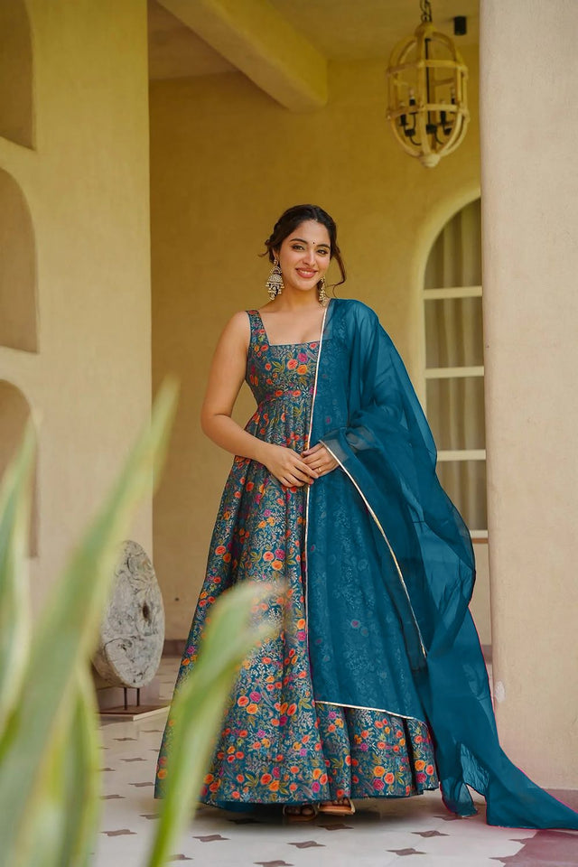 Blue Floral Printed Silk Gown (ACA9339)