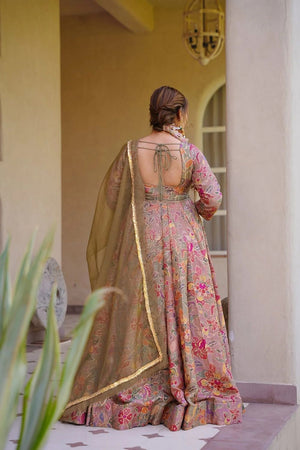 Peach Floral Printed Silk Gown (ACA9340)