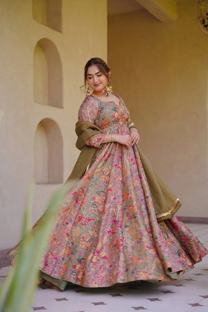 Peach Floral Printed Silk Gown (ACA9340)
