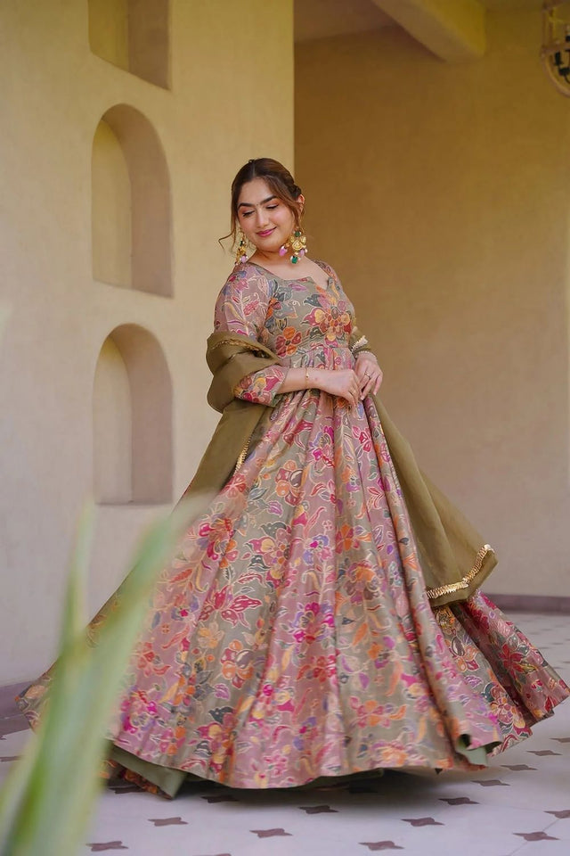 Peach Floral Printed Silk Gown (ACA9340)