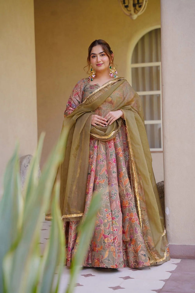 Peach Floral Printed Silk Gown (ACA9340)