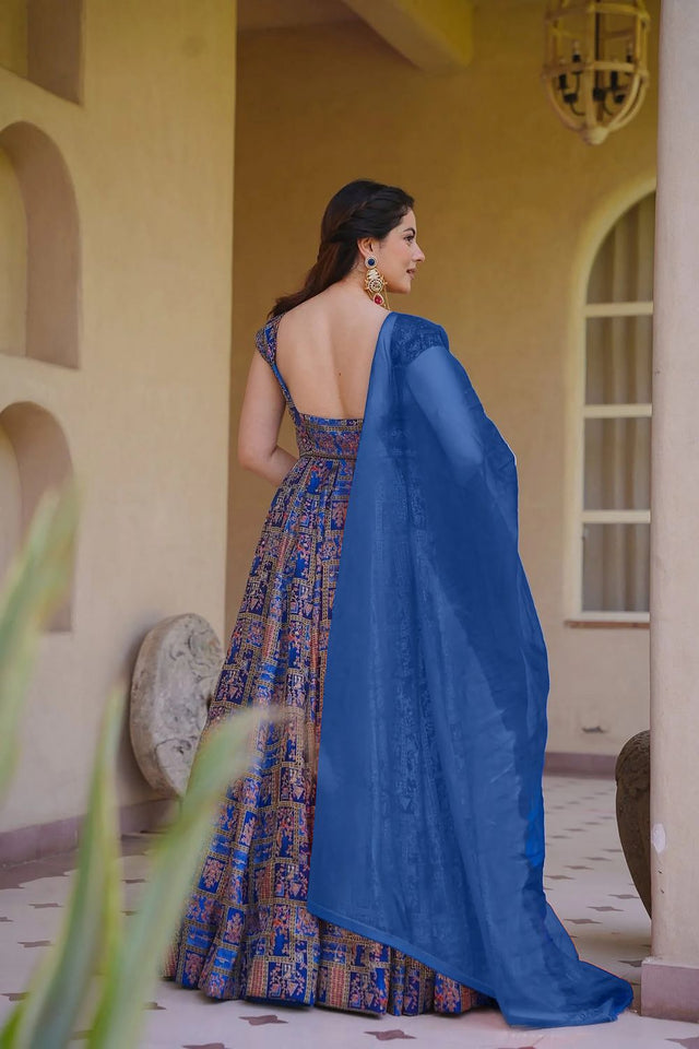 Blue Floral Printed Silk Gown (ACA9341)