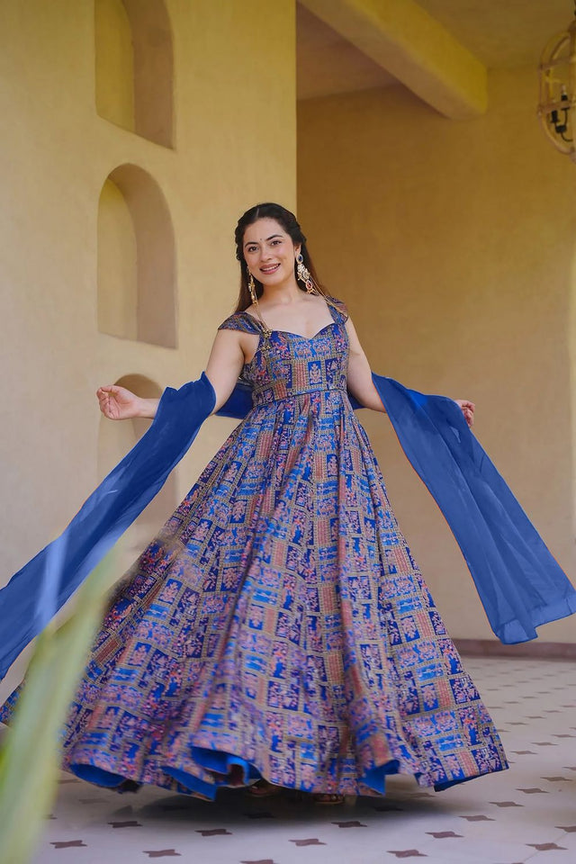 Blue Floral Printed Silk Gown (ACA9341)