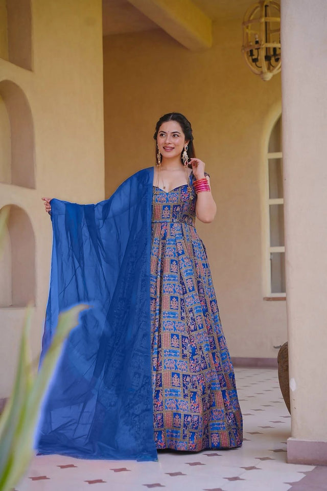 Blue Floral Printed Silk Gown (ACA9341)