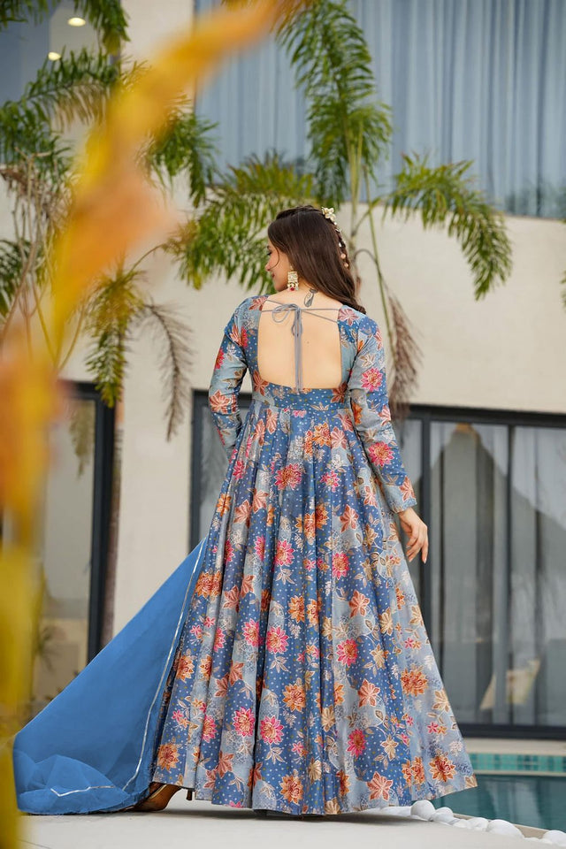 Blue Floral Printed Silk Gown (ACA9342)
