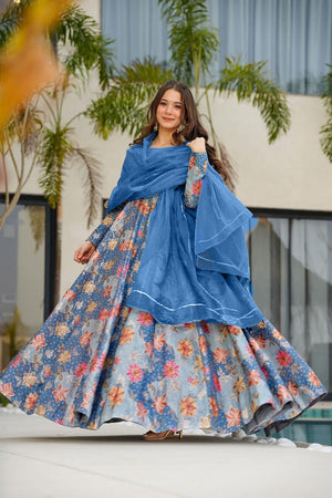 Blue Floral Printed Silk Gown (ACA9342)