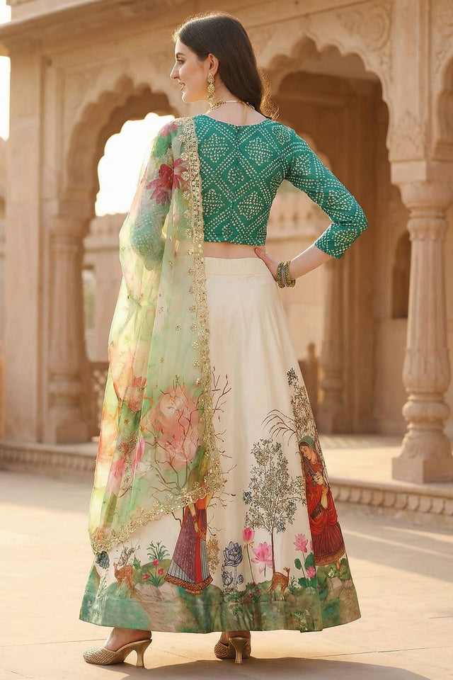 Cream Printed Satin Lehenga (ACA9343)
