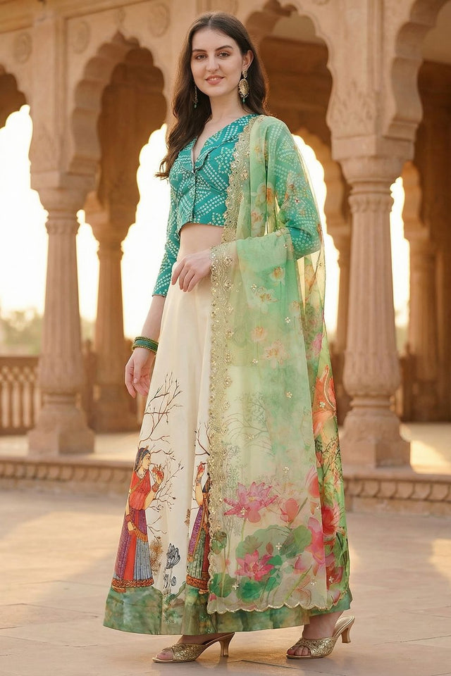Cream Printed Satin Lehenga (ACA9343)