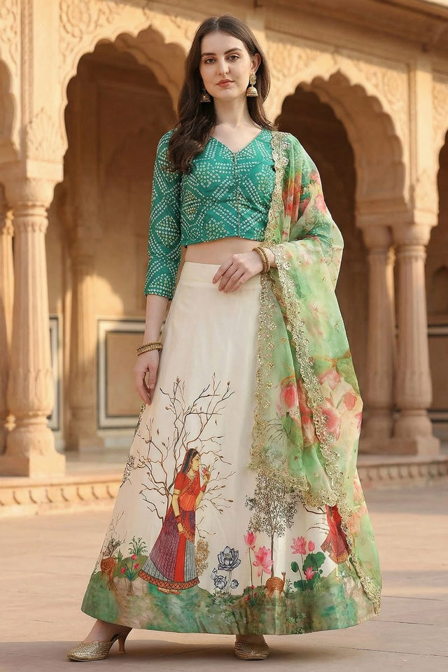 Cream Printed Satin Lehenga (ACA9343)