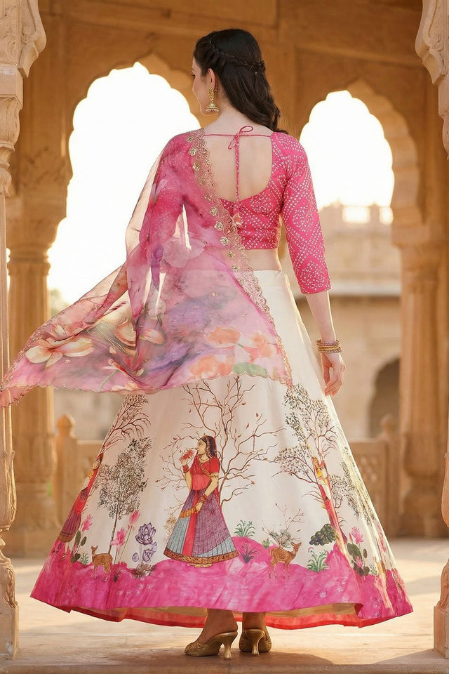 Cream Printed Satin Lehenga (ACA9344)