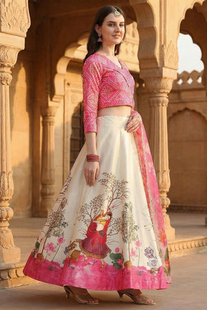 Cream Printed Satin Lehenga (ACA9344)