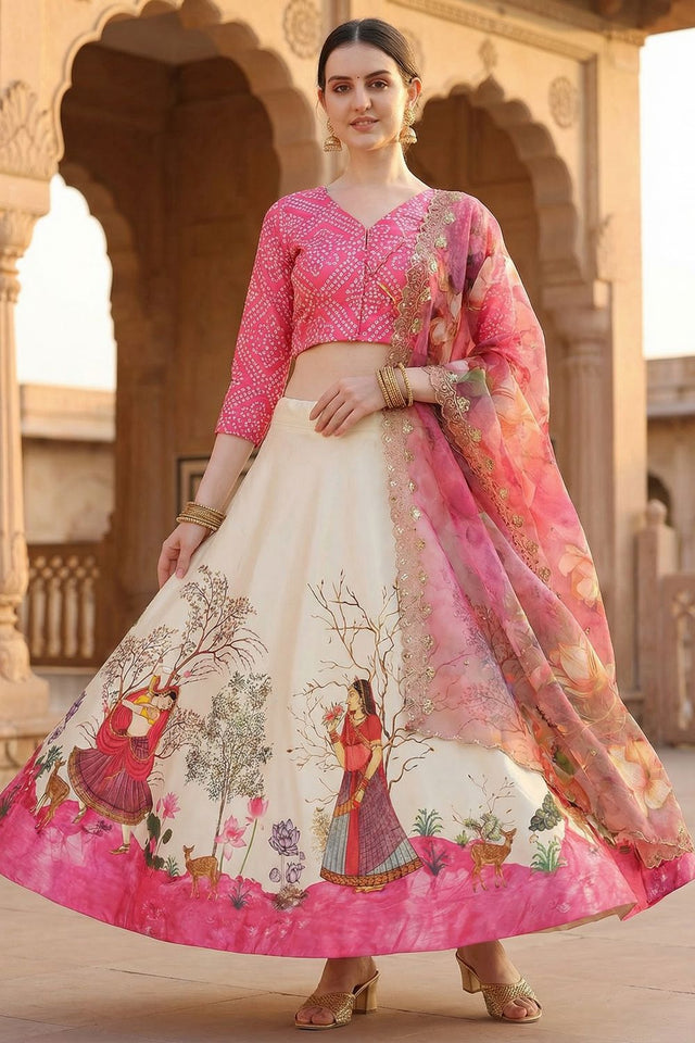 Cream Printed Satin Lehenga (ACA9344)