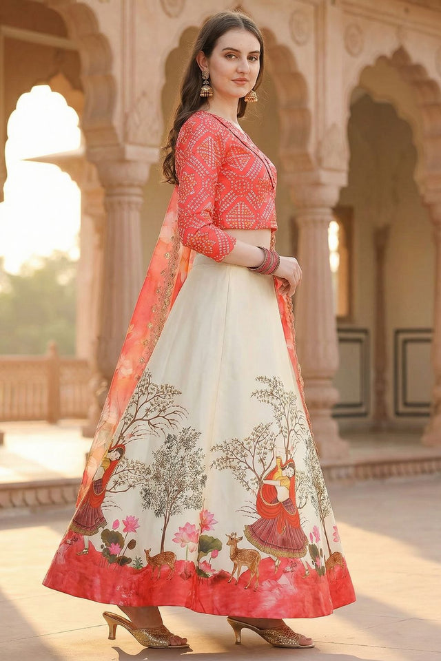 Cream Printed Satin Lehenga (ACA9345)