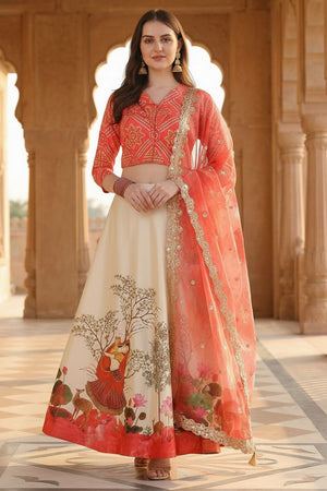 Cream Printed Satin Lehenga (ACA9345)