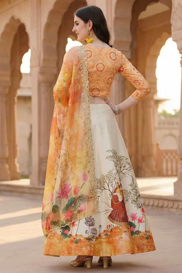Cream Printed Satin Lehenga (ACA9346)