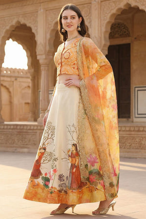 Cream Printed Satin Lehenga (ACA9346)