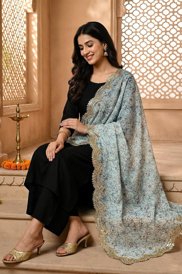 Blue Printed Organza Dupatta (ACA9350)