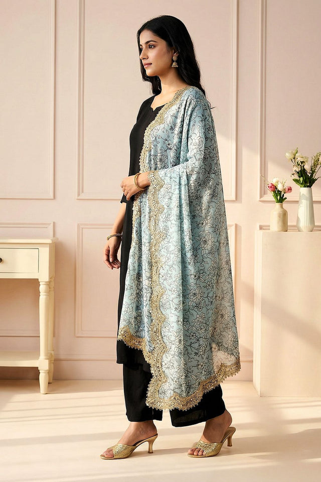 Blue Printed Organza Dupatta (ACA9350)