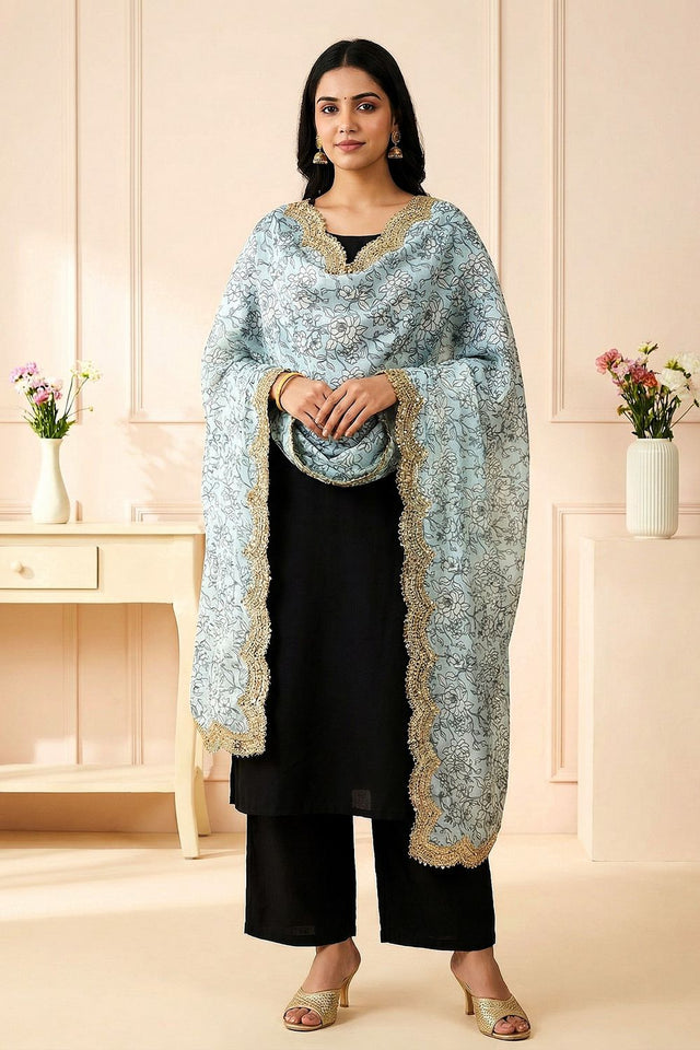 Blue Printed Organza Dupatta (ACA9350)