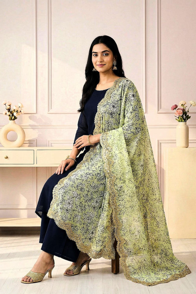 Sea Green Printed Organza Dupatta (ACA9351)