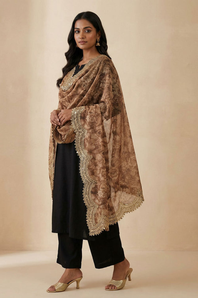 Brown Printed Organza Dupatta (ACA9352)