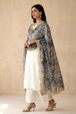 Grey Printed Organza Dupatta (ACA9354)