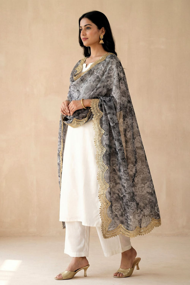 Grey Printed Organza Dupatta (ACA9354)