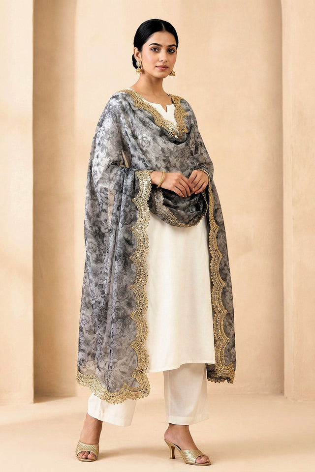 Grey Printed Organza Dupatta (ACA9354)