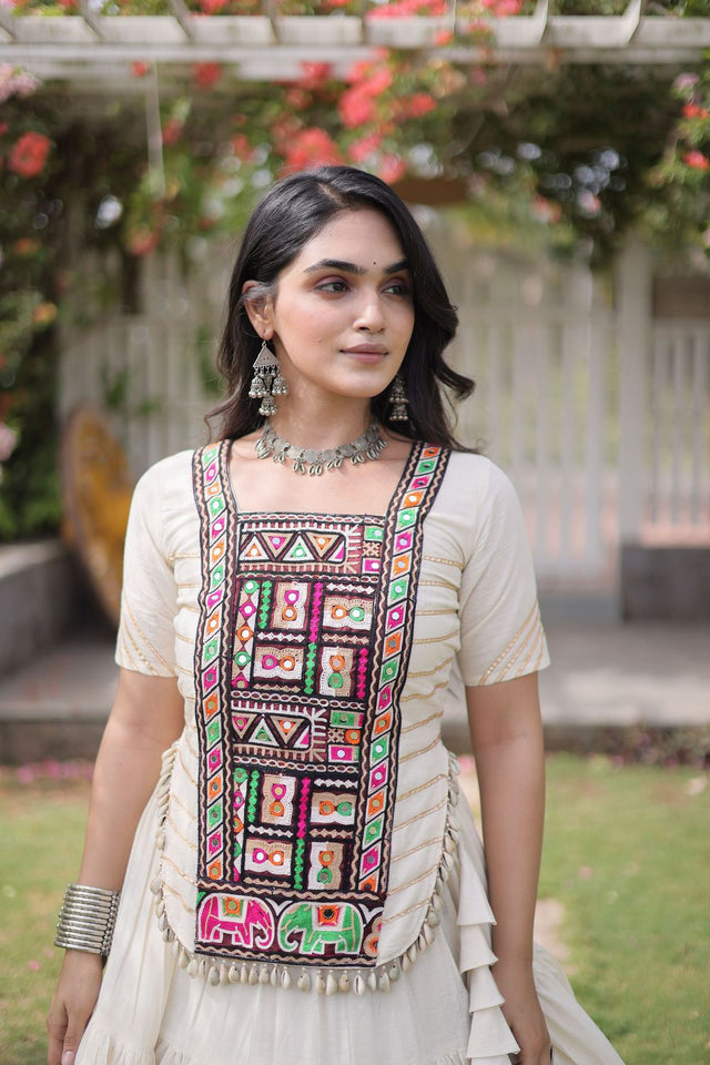 Off White Embroidered with Mirror Work Lehenga (ACA9366)