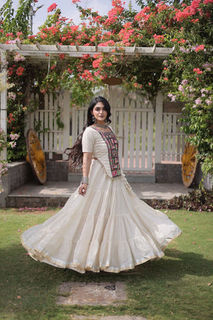 Off White Embroidered with Mirror Work Lehenga (ACA9366)
