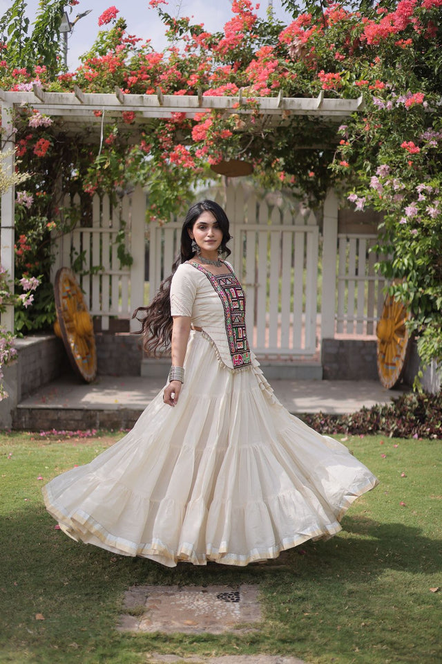 Off White Embroidered with Mirror Work Lehenga (ACA9366)