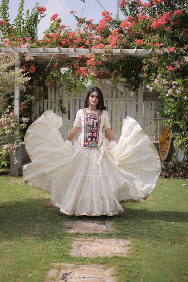 Off White Embroidered with Mirror Work Lehenga (ACA9366)
