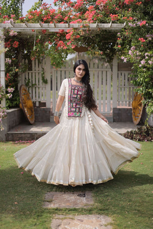 Off White Embroidered with Mirror Work Lehenga (ACA9366)