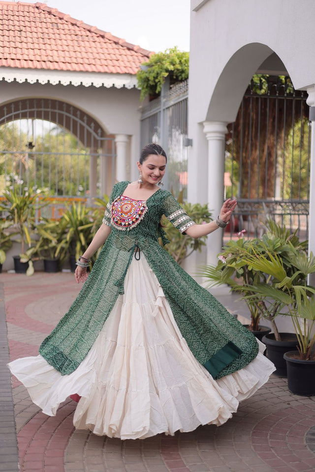 Off White Embroidered with Bandhani Printed Green Lehenga (ACA9368)