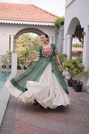 Off White Embroidered with Bandhani Printed Green Lehenga (ACA9368)