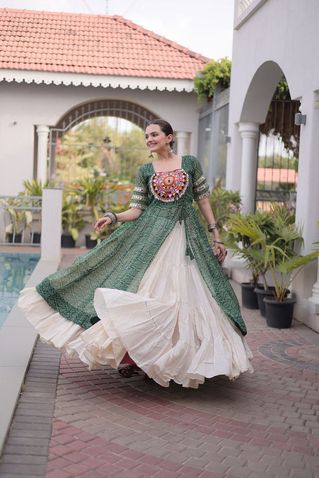 Off White Embroidered with Bandhani Printed Green Lehenga (ACA9368)