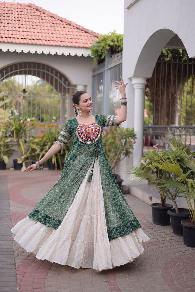 Off White Embroidered with Bandhani Printed Green Lehenga (ACA9368)