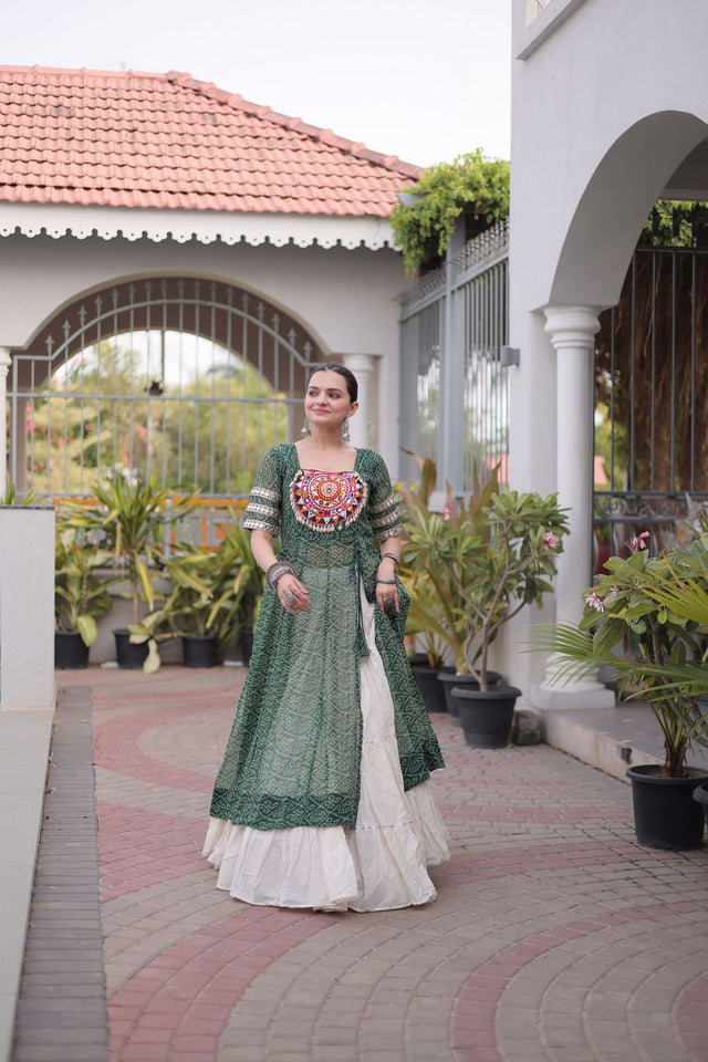 Off White Embroidered with Bandhani Printed Green Lehenga (ACA9368)