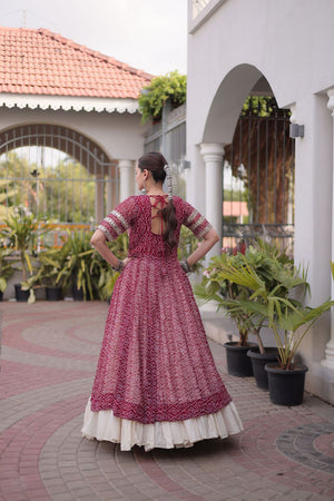 Off White Embroidered with Bandhani Printed Maroon Lehenga (ACA9369)