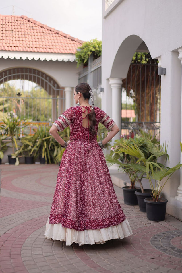 Off White Embroidered with Bandhani Printed Maroon Lehenga (ACA9369)