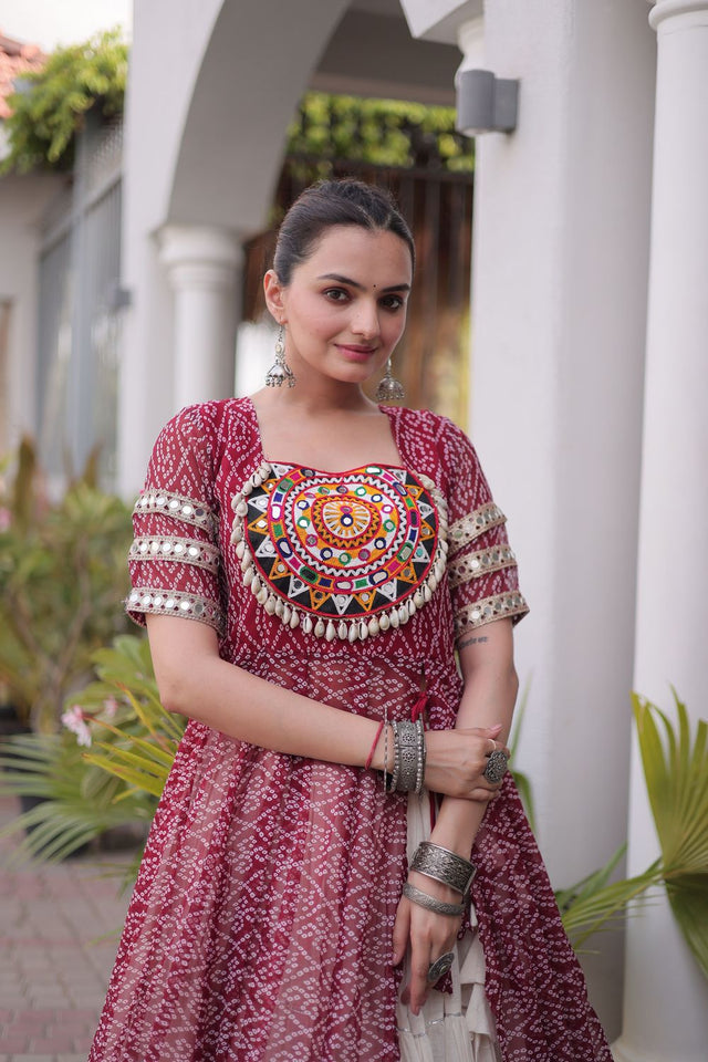 Off White Embroidered with Bandhani Printed Maroon Lehenga (ACA9369)