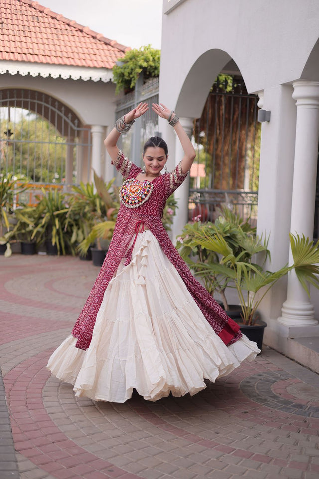 Off White Embroidered with Bandhani Printed Maroon Lehenga (ACA9369)