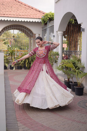 Off White Embroidered with Bandhani Printed Maroon Lehenga (ACA9369)