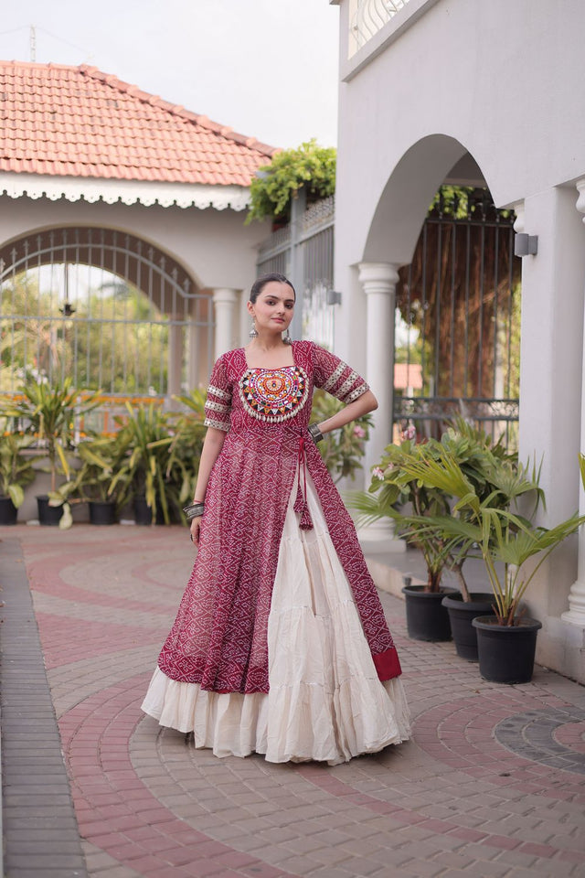 Off White Embroidered with Bandhani Printed Maroon Lehenga (ACA9369)