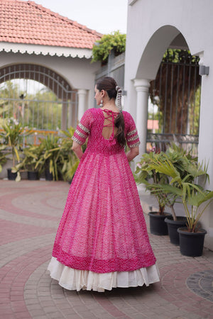 Off White Embroidered with Bandhani Printed Pink Lehenga (ACA9370)
