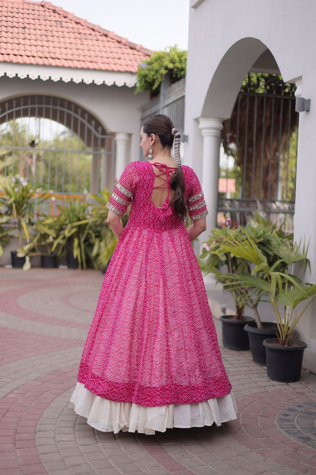 Off White Embroidered with Bandhani Printed Pink Lehenga (ACA9370)