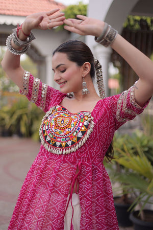 Off White Embroidered with Bandhani Printed Pink Lehenga (ACA9370)