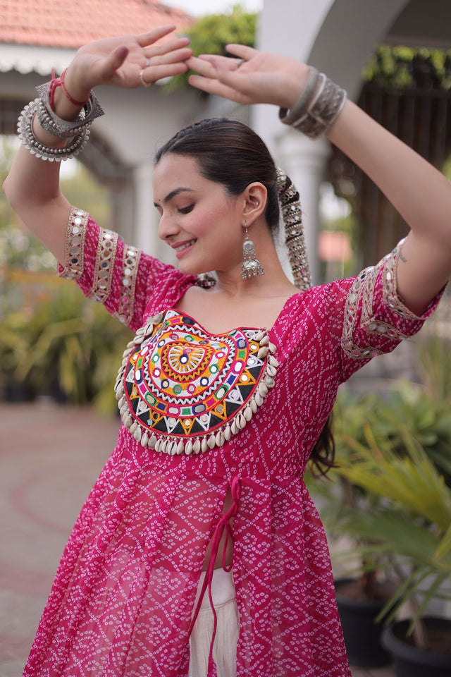 Off White Embroidered with Bandhani Printed Pink Lehenga (ACA9370)